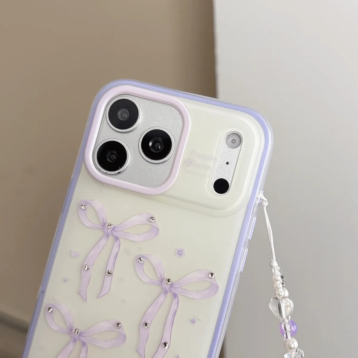 Purple Bow Kawaii Phone Case with Beaded Strap
