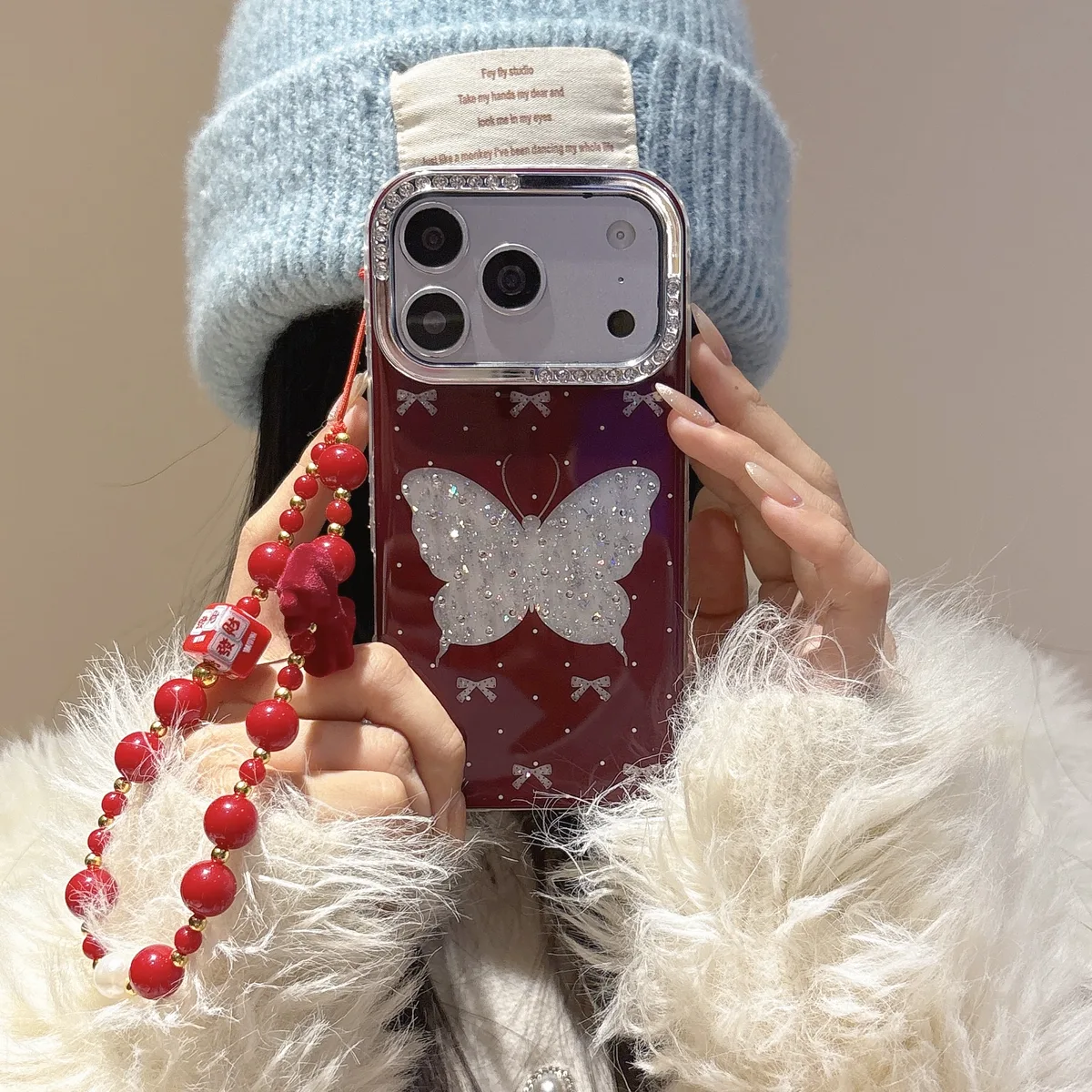 Sparkling Red Butterfly Phone Case with Beaded Strap