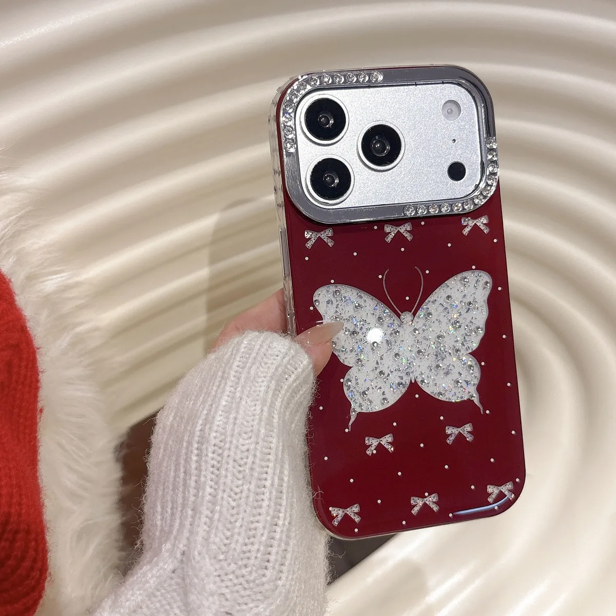 Sparkling Red Butterfly Phone Case with Beaded Strap for iPhone 17 16 15 14 13 Pro Max