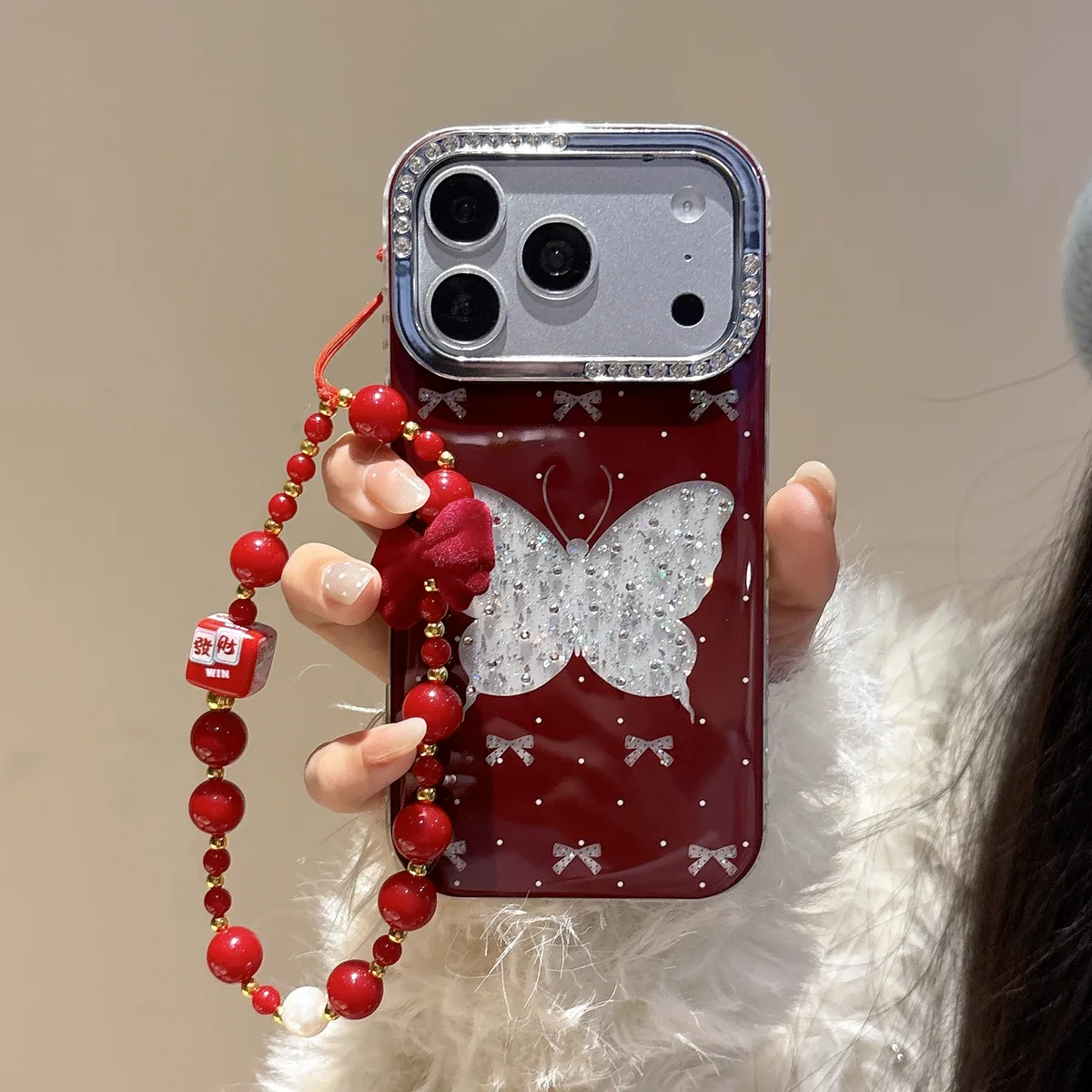 Sparkling Red Butterfly Phone Case with Beaded Strap for iPhone 17 16 15 14 13 Pro Max