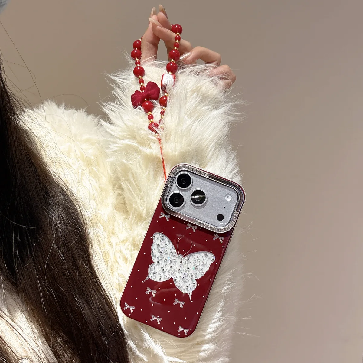Sparkling Red Butterfly Phone Case with Beaded Strap for iPhone 17 16 15 14 13 Pro Max