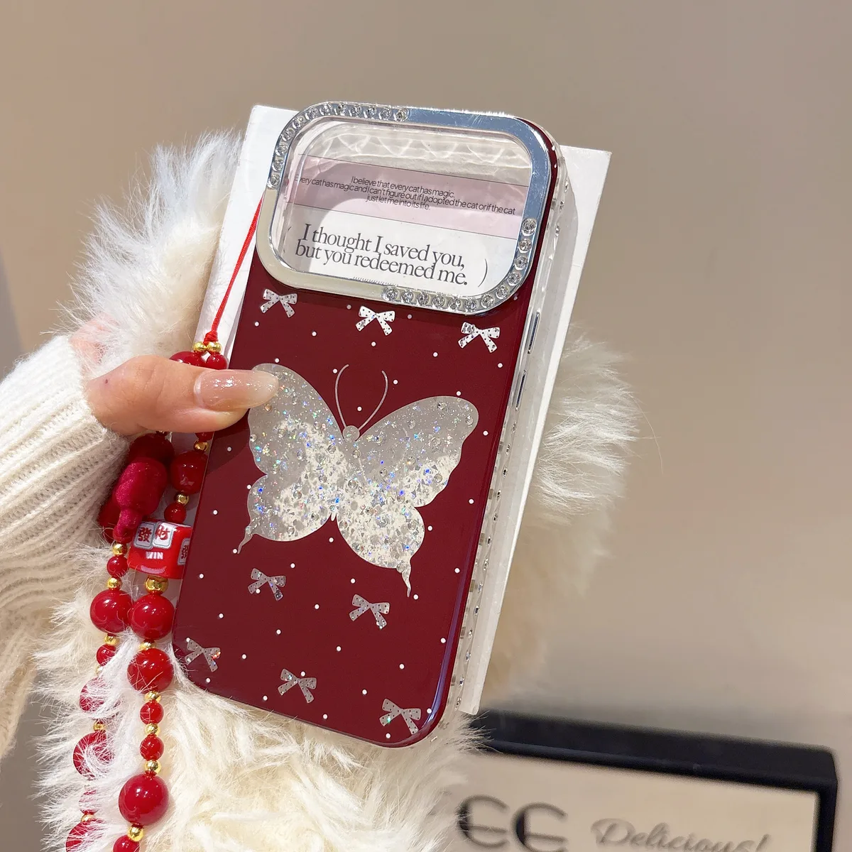 Sparkling Red Butterfly Phone Case with Beaded Strap for iPhone 17 16 15 14 13 Pro Max