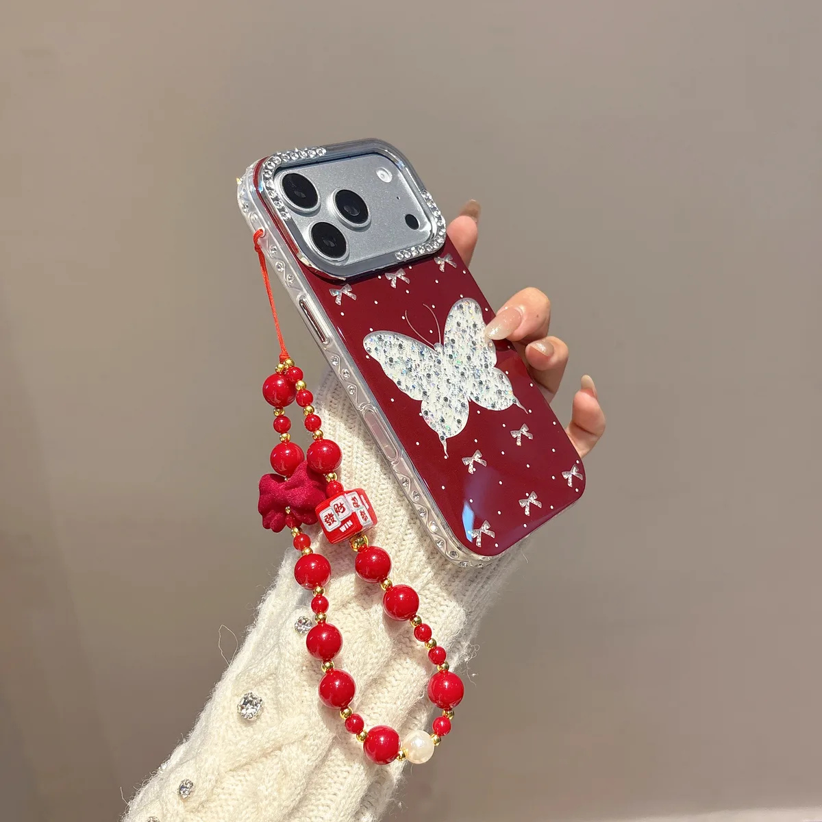 Sparkling Red Butterfly Phone Case with Beaded Strap for iPhone 17 16 15 14 13 Pro Max