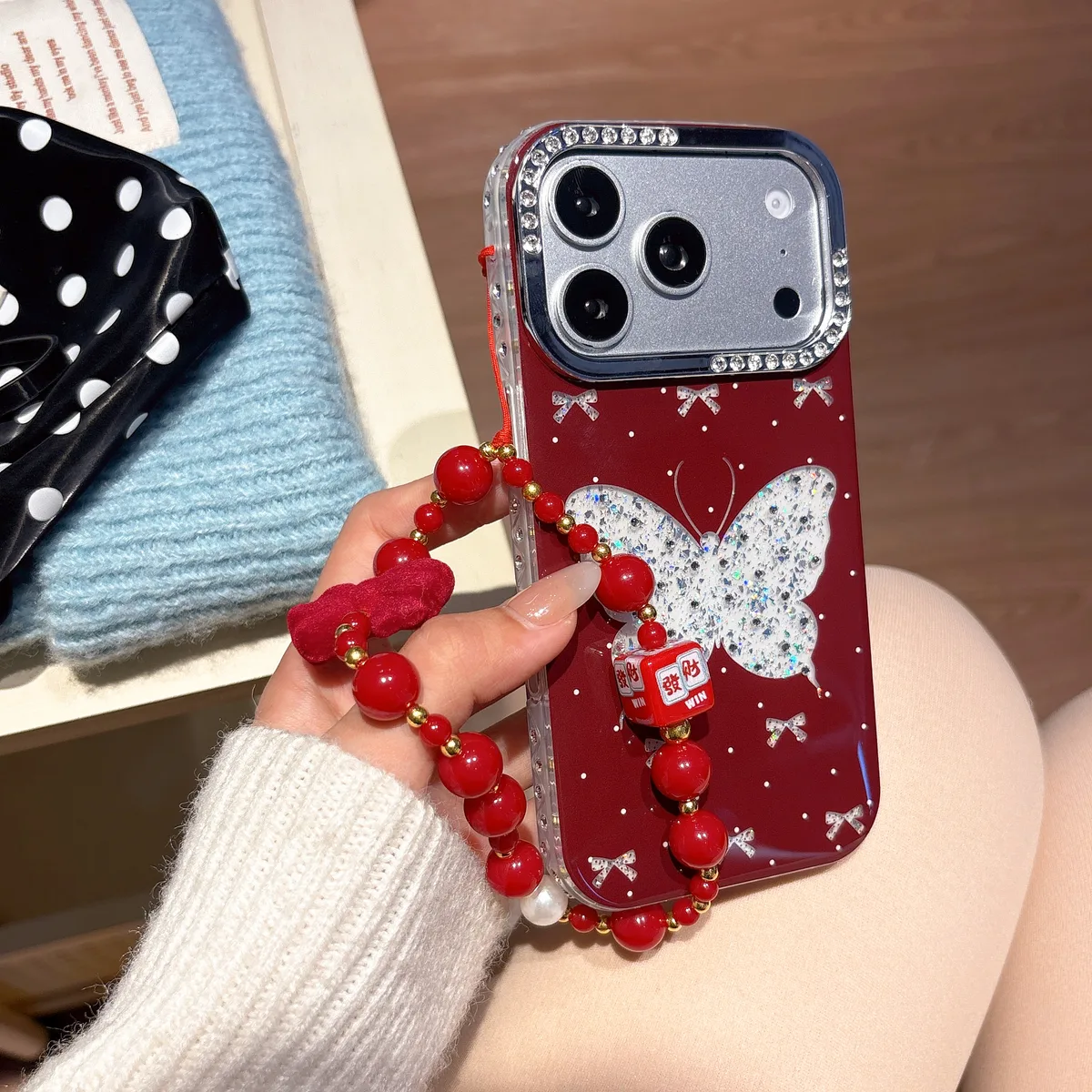 Sparkling Red Butterfly Phone Case with Beaded Strap for iPhone 17 16 15 14 13 Pro Max