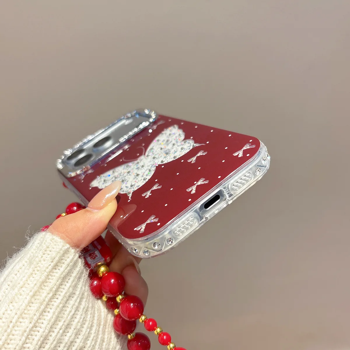 Sparkling Red Butterfly Phone Case with Beaded Strap for iPhone 17 16 15 14 13 Pro Max