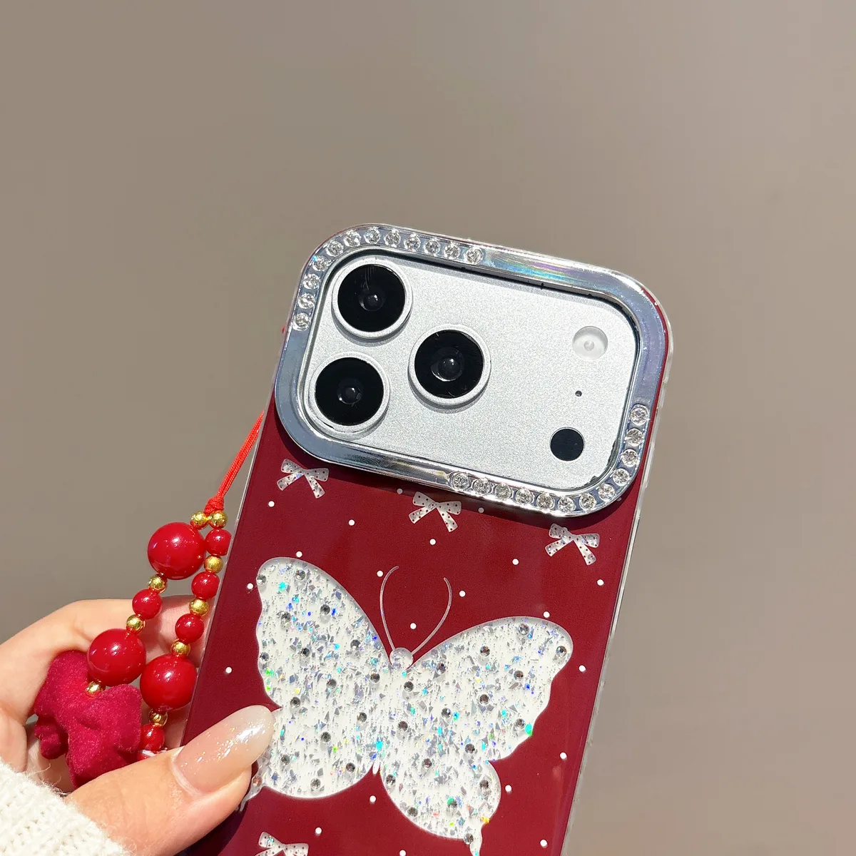 Sparkling Red Butterfly Phone Case with Beaded Strap for iPhone 17 16 15 14 13 Pro Max