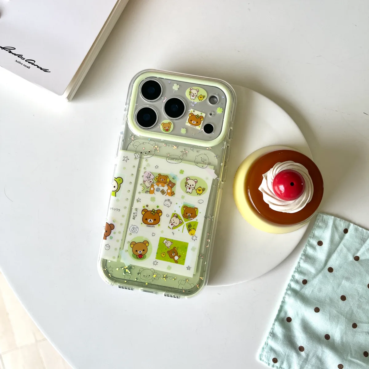 Rilakkuma Clear Phone Case with Card Slot & Beaded Strap for iPhone 17 16 15 14 13 Pro Max