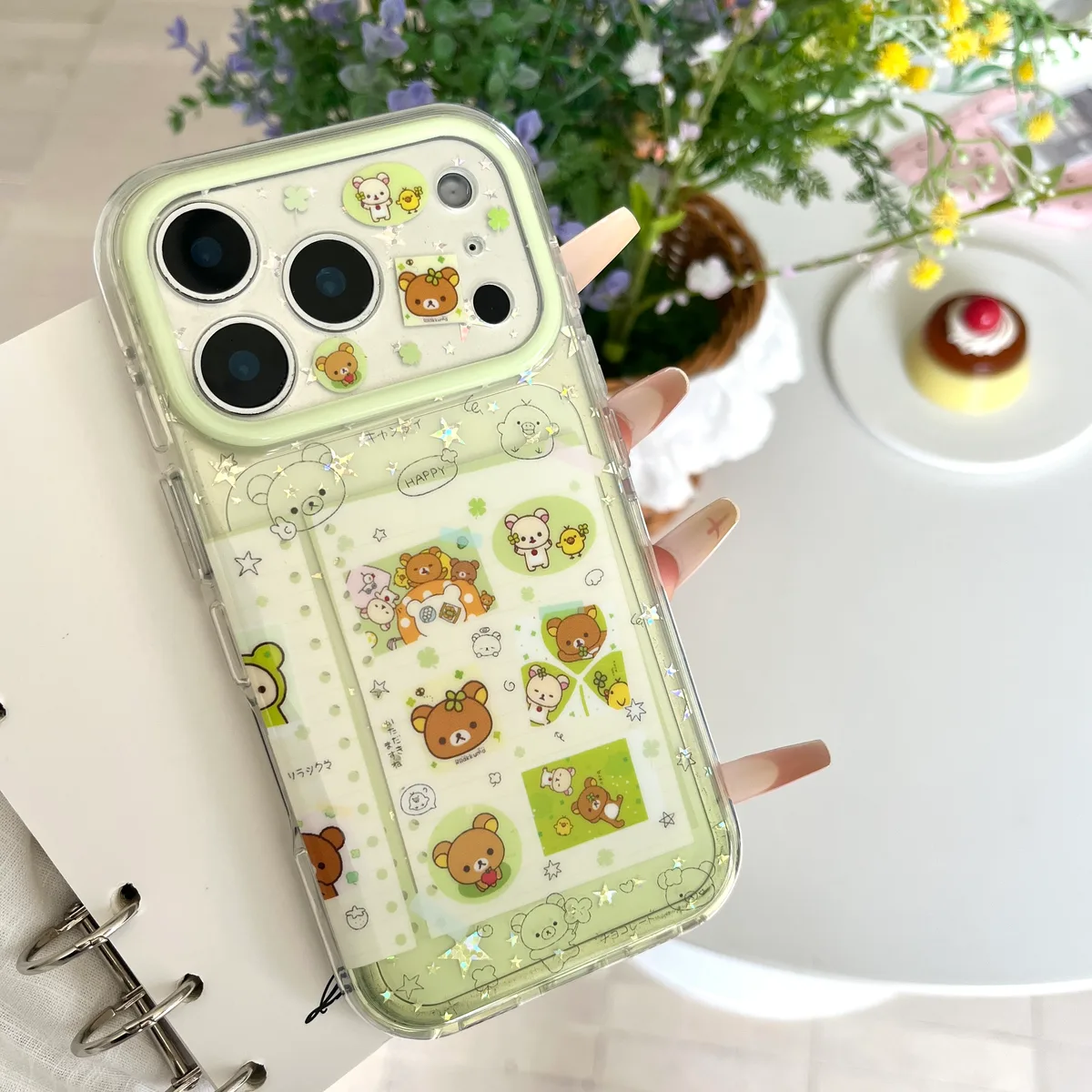 Rilakkuma Clear Phone Case with Card Slot & Beaded Strap for iPhone 17 16 15 14 13 Pro Max