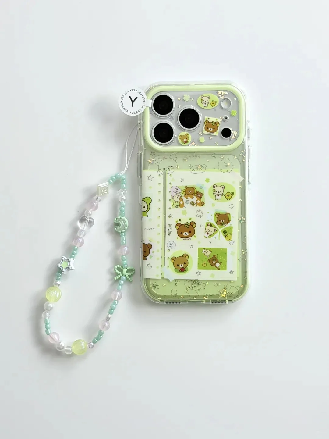 Rilakkuma Green Glitter Phone Case with Beaded Strap