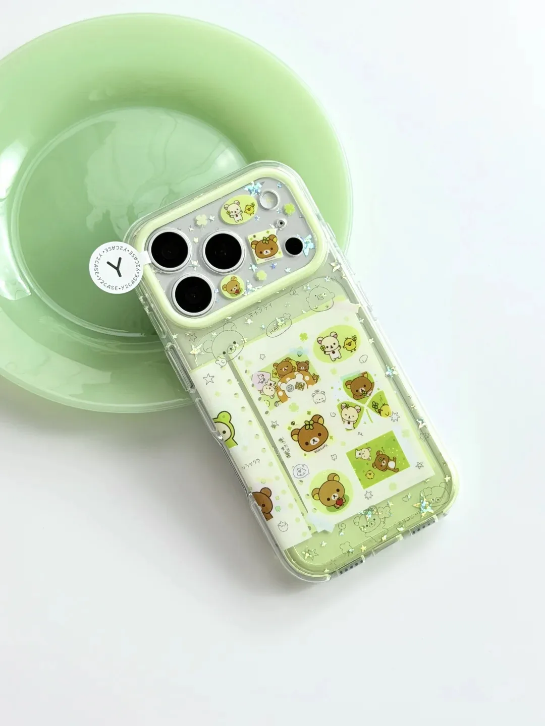 Rilakkuma Green Glitter Phone Case with Beaded Strap