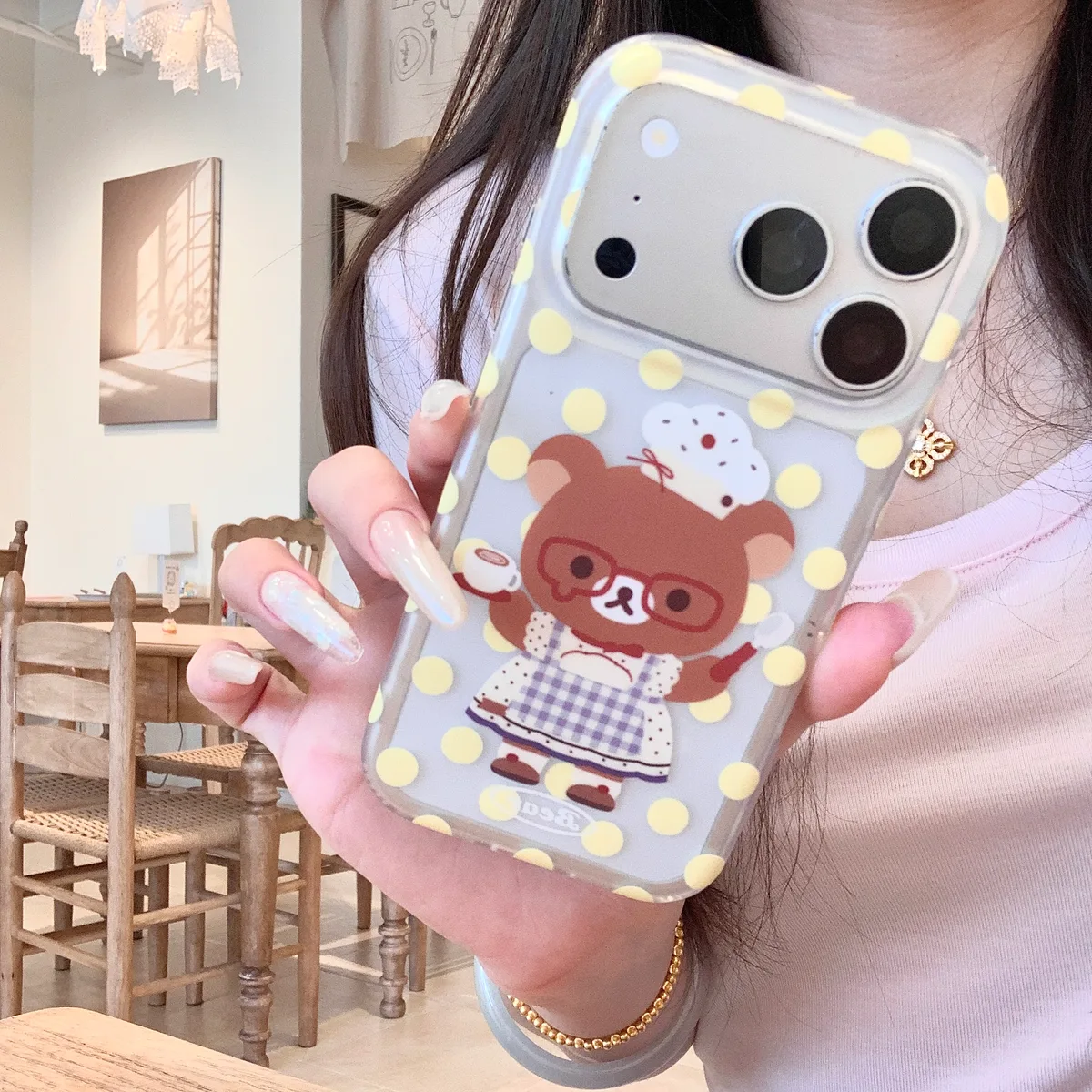 Rilakkuma Chef Bear Polka Dot Phone Case for iPhone 17 16 15 14 13 Pro Max