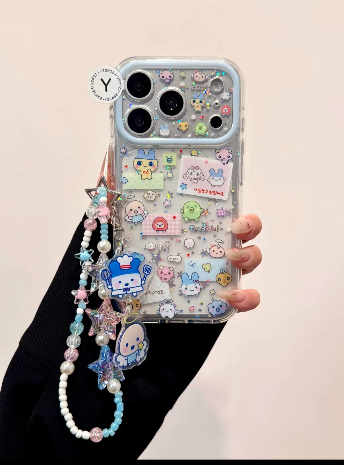 Tamagotchi Kawaii Phone Case with Glitter & Star Charm Strap for iPhone 17 16 15 Pro Max