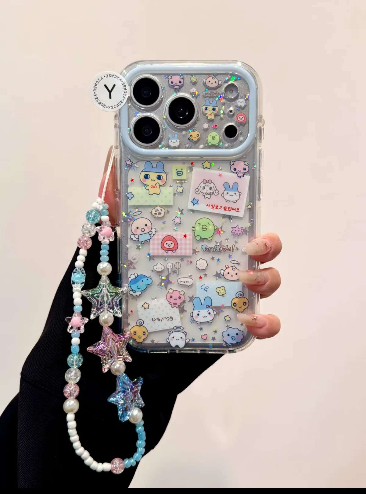 Tamagotchi Kawaii Phone Case with Glitter & Star Charm Strap for iPhone 17 16 15 Pro Max