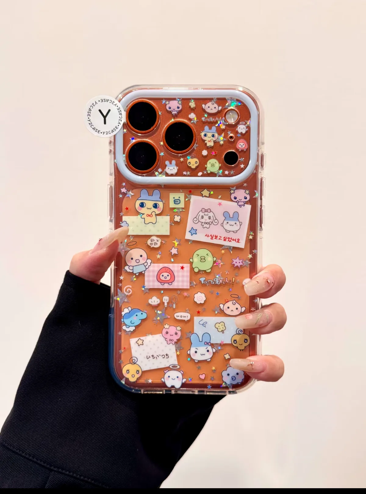 Tamagotchi Kawaii Phone Case with Glitter & Star Charm Strap for iPhone 17 16 15 Pro Max