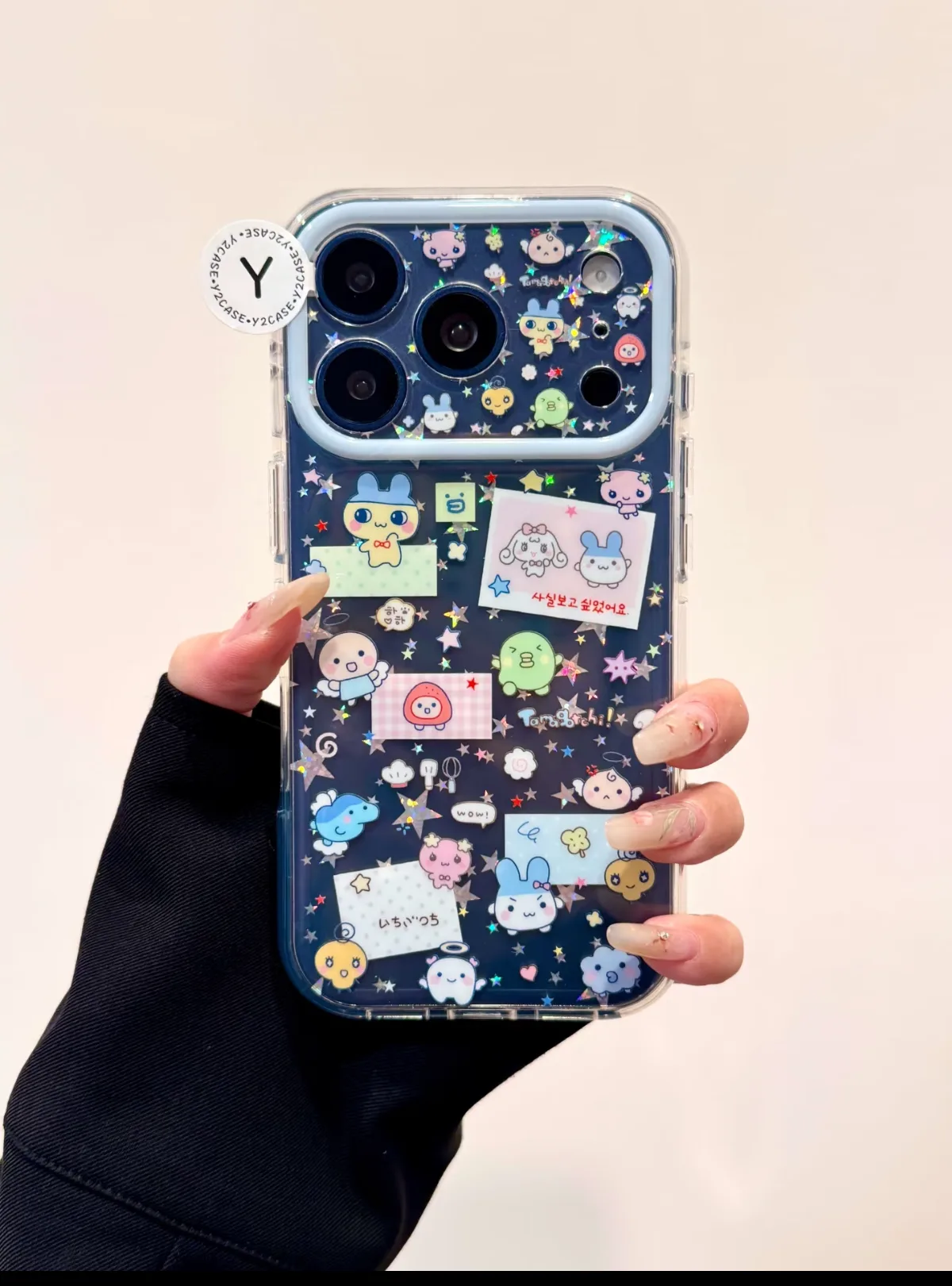 Tamagotchi Kawaii Phone Case with Glitter & Star Charm Strap for iPhone 17 16 15 Pro Max