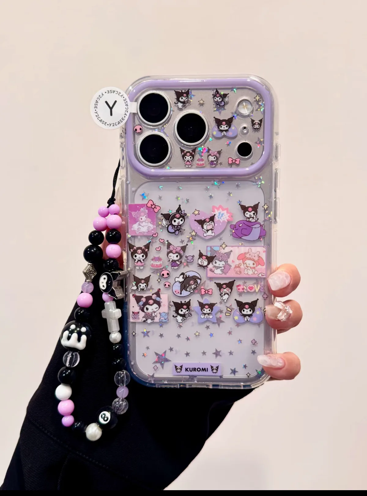 Kuromi Glitter Galaxy Phone Case - Clear with Purple Frame for iPhone 17 16 15 Pro Max