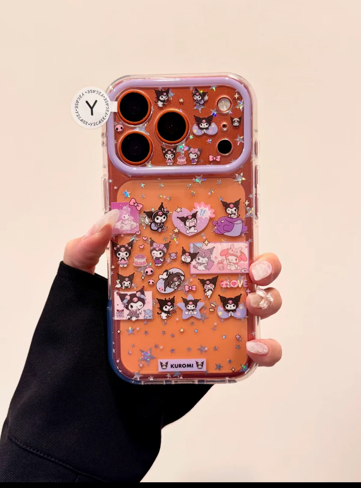 Kuromi Glitter Galaxy Phone Case - Clear with Purple Frame for iPhone 17 16 15 Pro Max