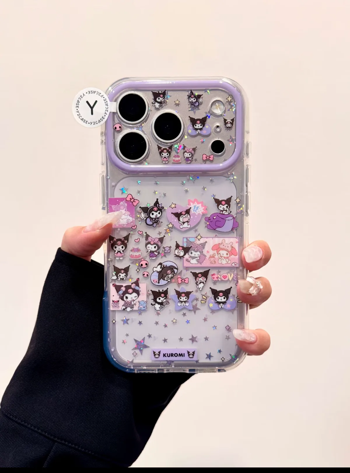 Kuromi Glitter Galaxy Phone Case - Clear with Purple Frame for iPhone 17 16 15 Pro Max