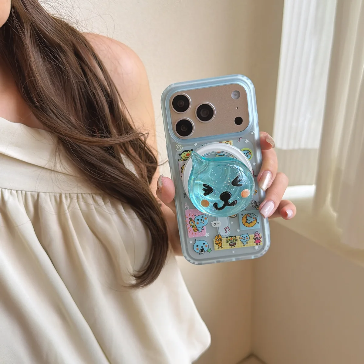 Qoo Kawaii Cat Pop Phone Case with Beaded Strap for iPhone 17 16 15 14 13 Pro Max — MagSafe