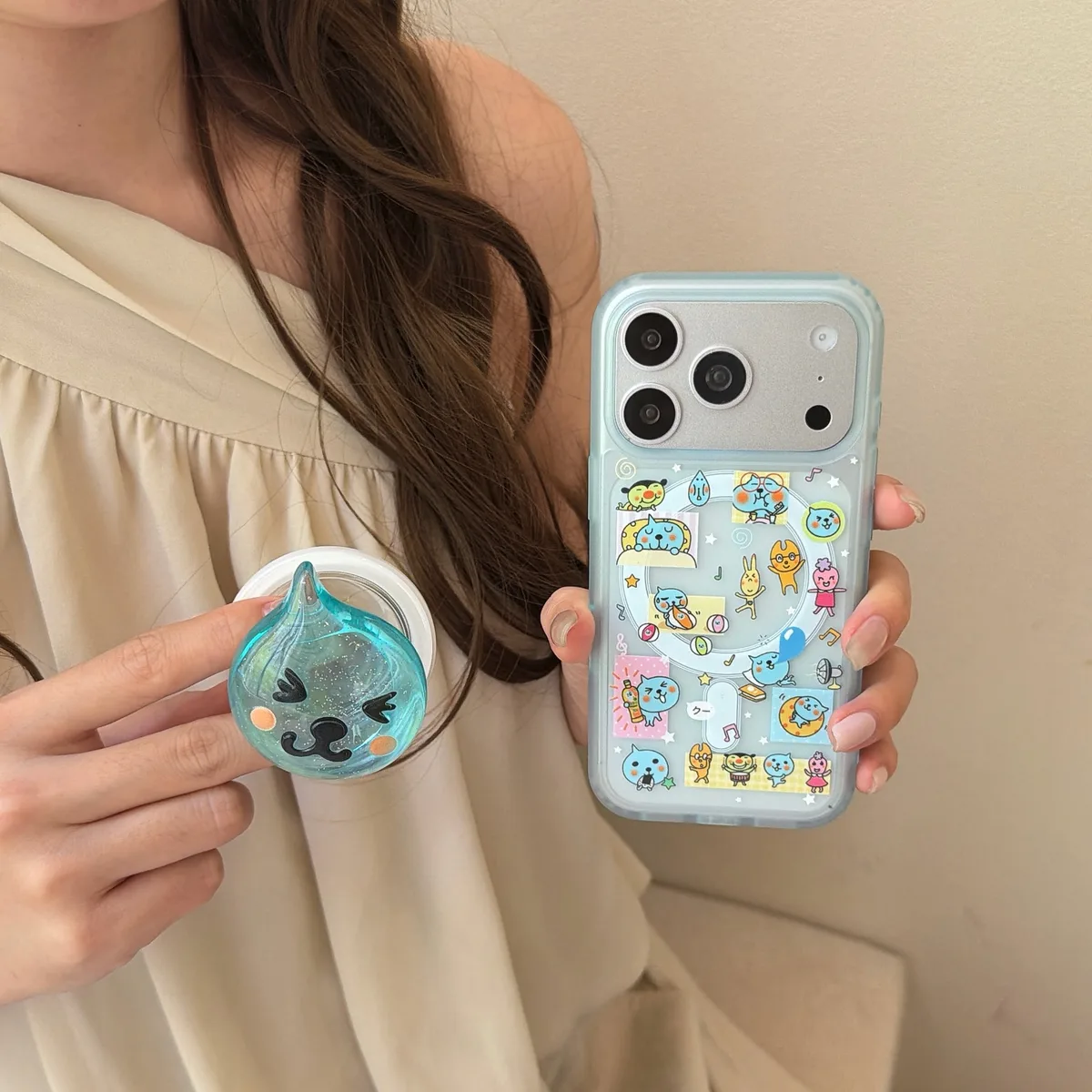 Qoo Kawaii Cat Pop Phone Case with Beaded Strap for iPhone 17 16 15 14 13 Pro Max — MagSafe