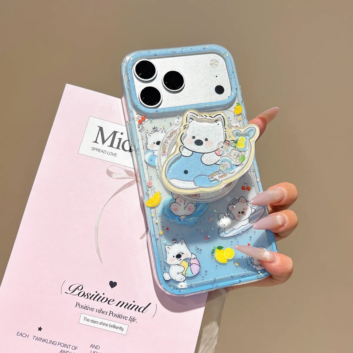 Cute Kawaii Puppy & Whale Glitter Phone Case with Popsocket & Beaded Strap — MagSafe