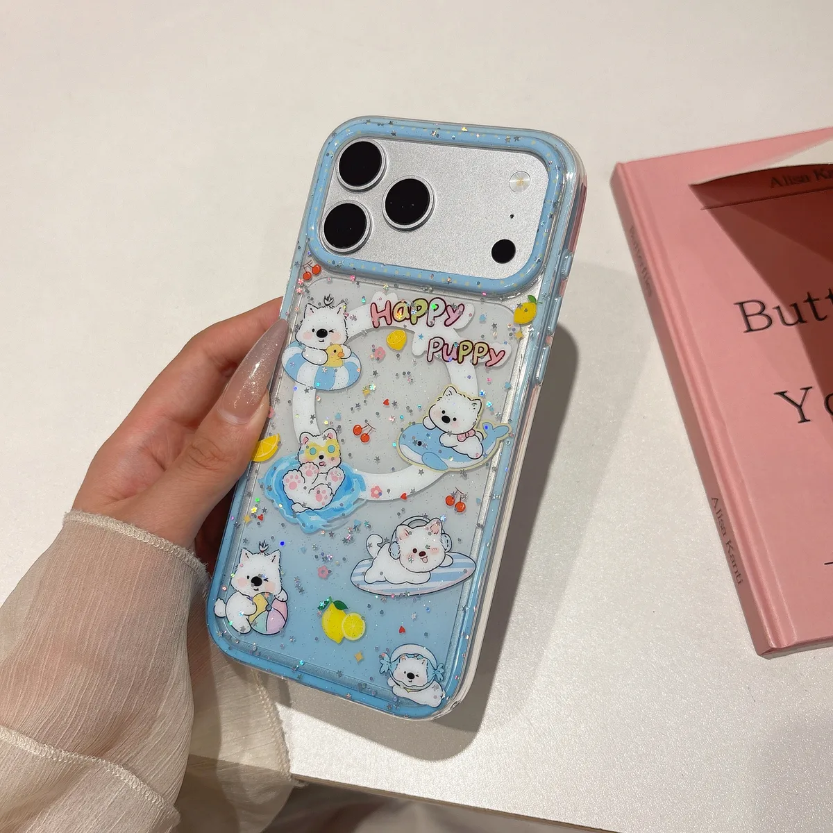 Cute Kawaii Puppy & Whale Glitter Phone Case with Popsocket & Beaded Strap — MagSafe