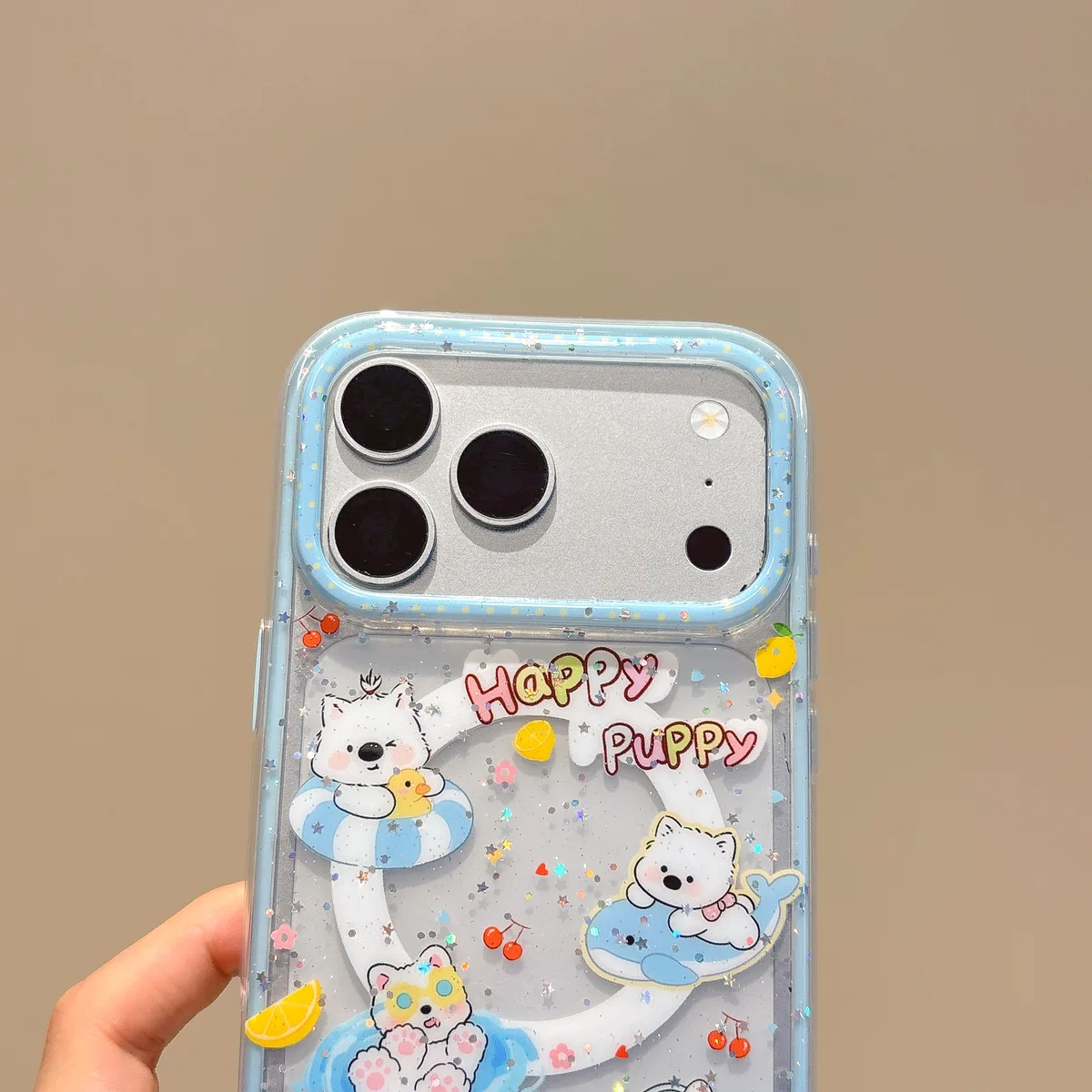 Cute Kawaii Puppy & Whale Glitter Phone Case with Popsocket & Beaded Strap — MagSafe