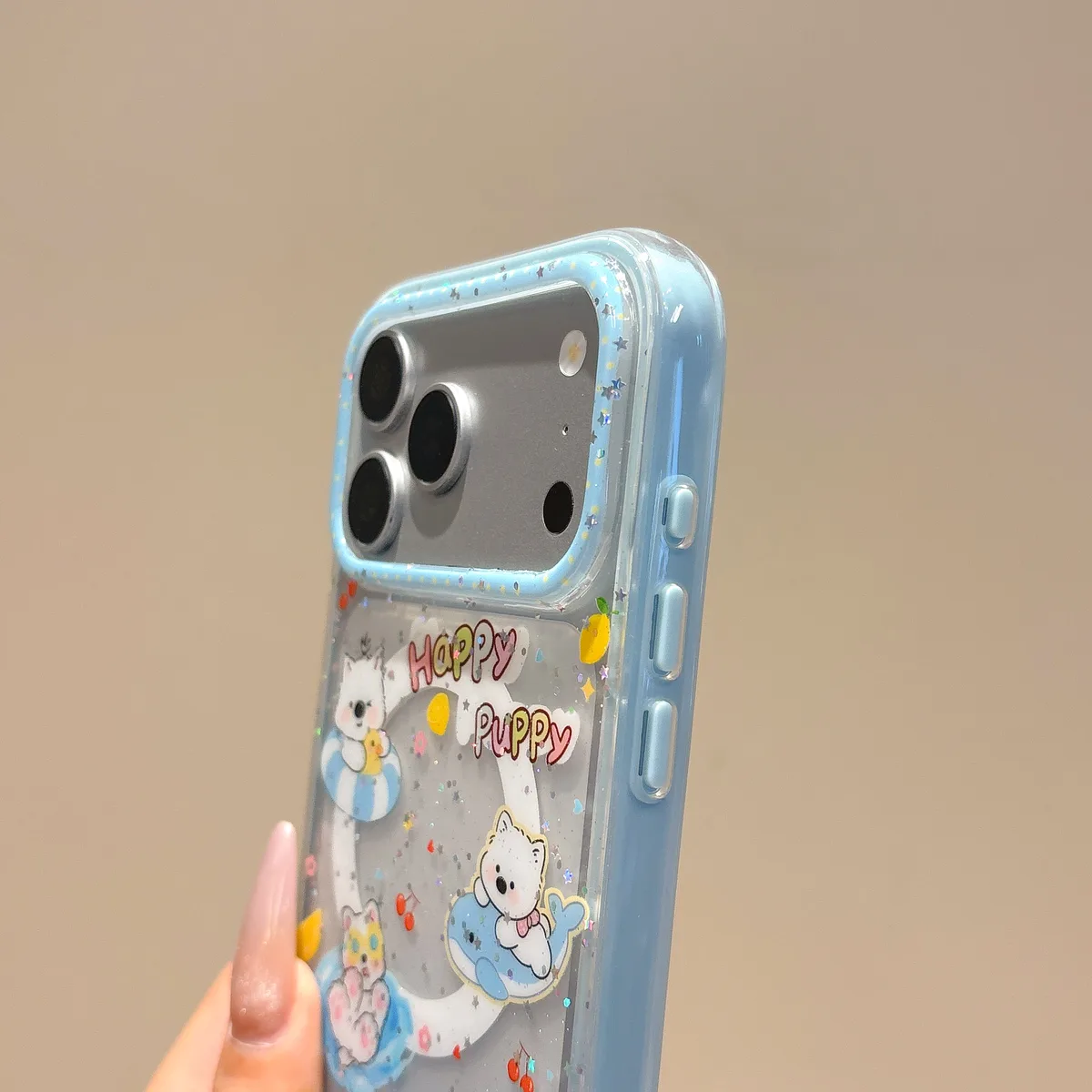 Cute Kawaii Puppy & Whale Glitter Phone Case with Popsocket & Beaded Strap — MagSafe
