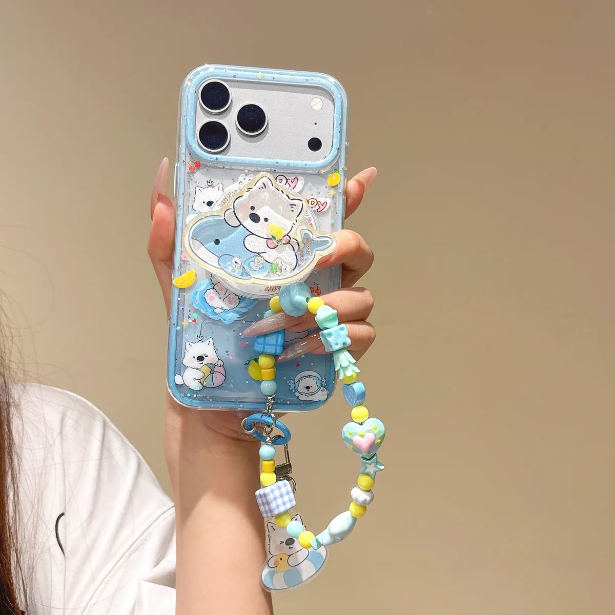 Cute Kawaii Puppy & Whale Glitter Phone Case with Popsocket & Beaded Strap — MagSafe