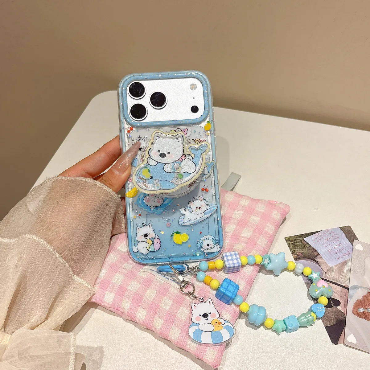 Cute Kawaii Puppy & Whale Glitter Phone Case with Popsocket & Beaded Strap — MagSafe