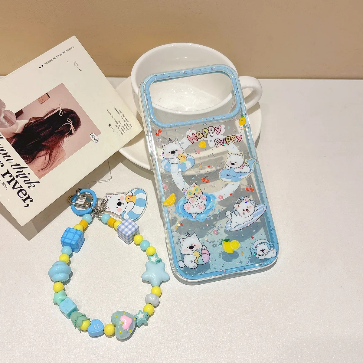 Cute Kawaii Puppy & Whale Glitter Phone Case with Popsocket & Beaded Strap — MagSafe