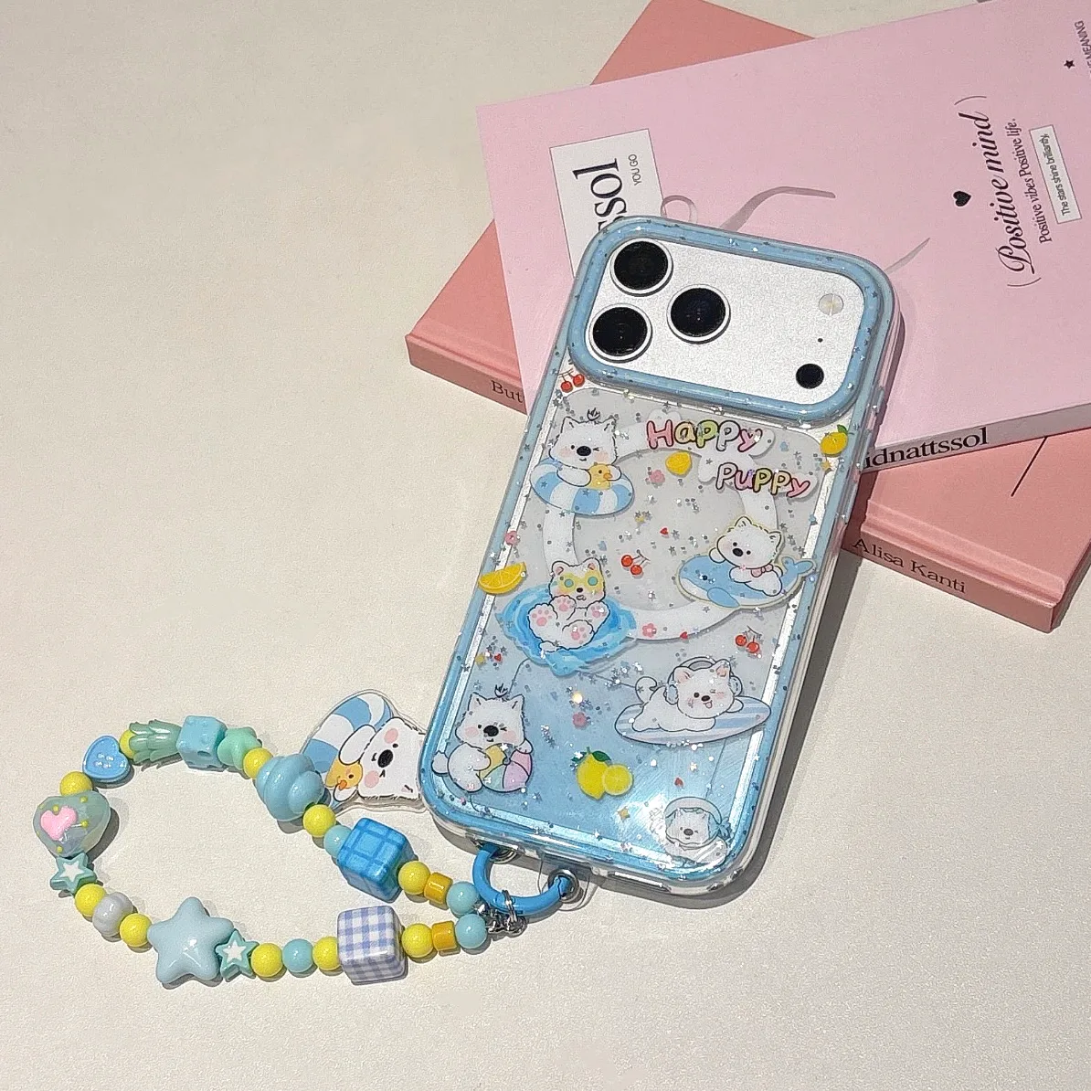 Cute Kawaii Puppy & Whale Glitter Phone Case with Popsocket & Beaded Strap — MagSafe