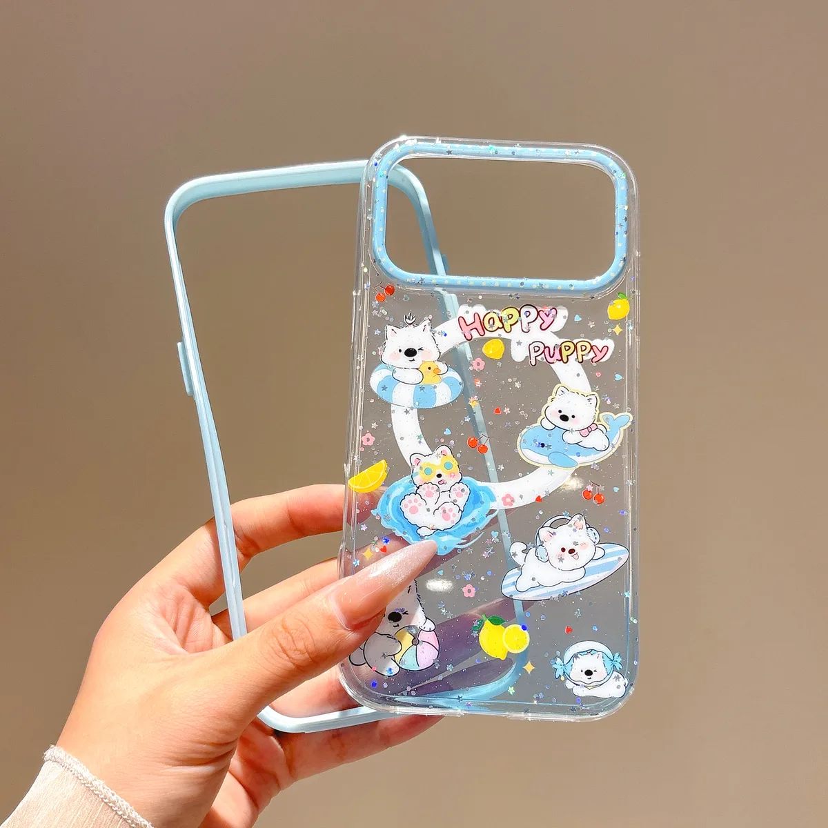 Cute Kawaii Puppy & Whale Glitter Phone Case with Popsocket & Beaded Strap — MagSafe