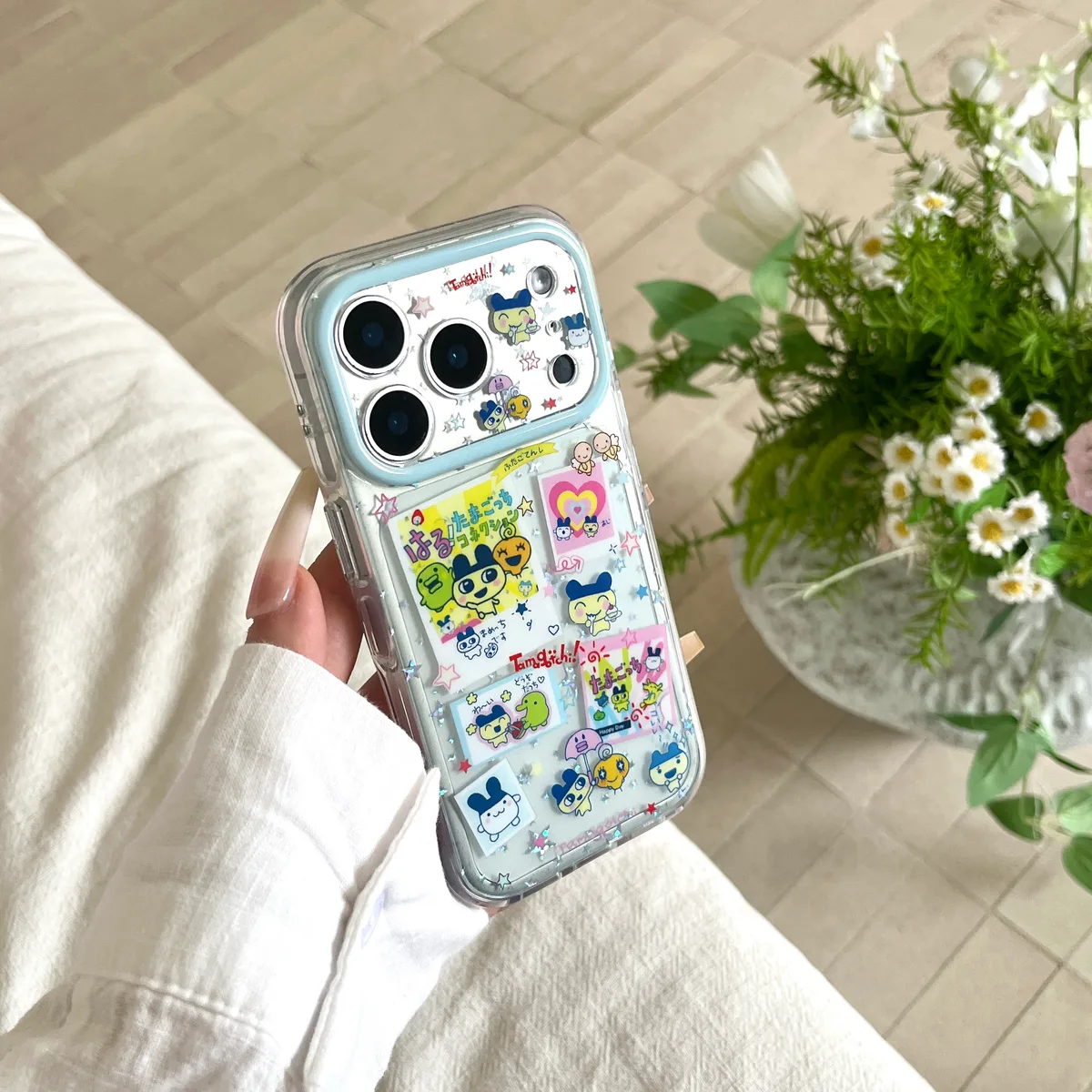 Tamagotchi Kawaii Phone Case with Glitter & Charm Strap for iPhone 17 16 15 Pro Max