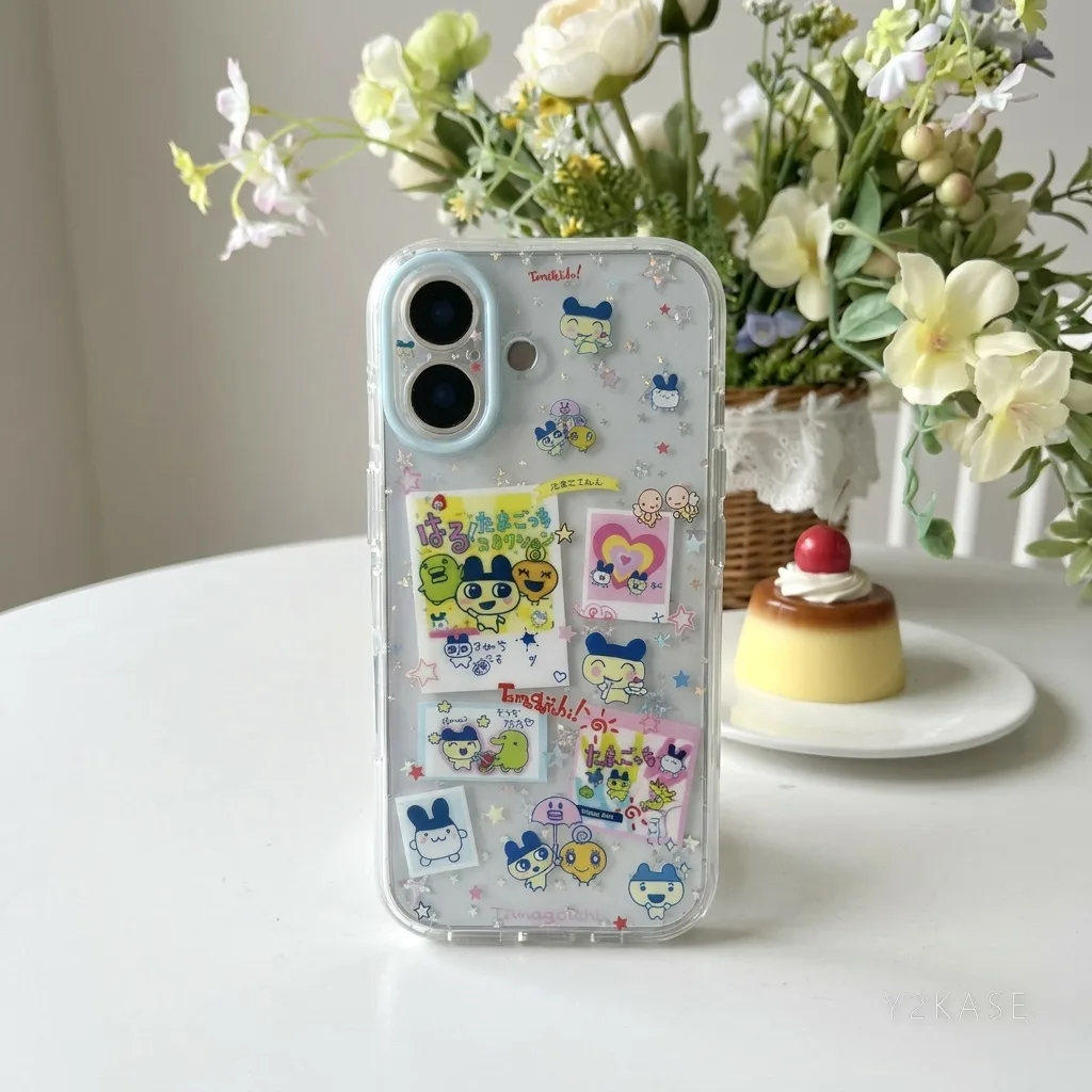 Tamagotchi Kawaii Phone Case with Glitter & Charm Strap for iPhone 17 16 15 Pro Max