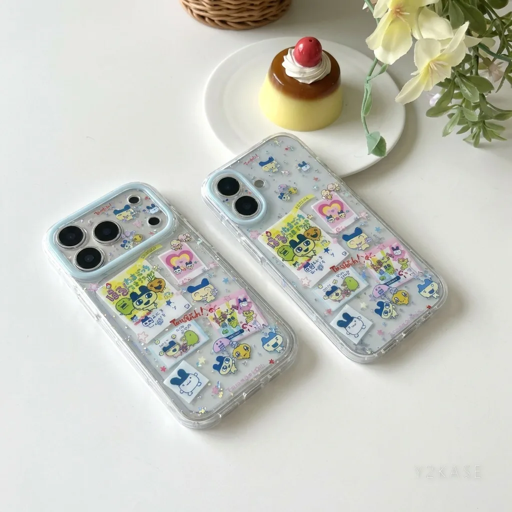 Tamagotchi Kawaii Phone Case with Glitter & Charm Strap for iPhone 17 16 15 Pro Max