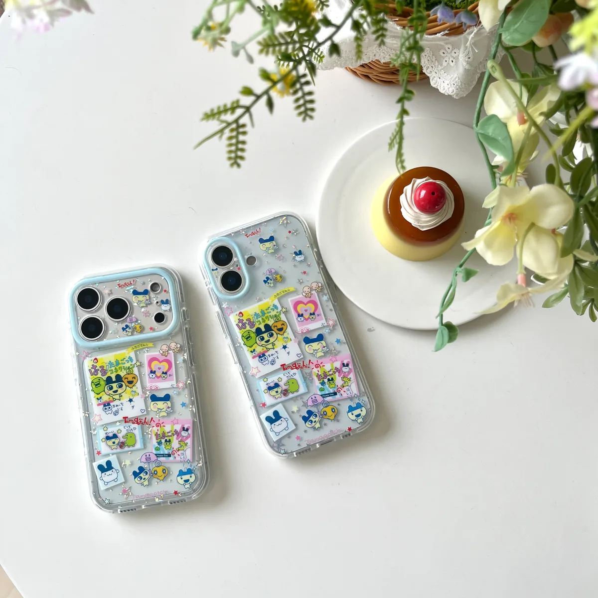 Tamagotchi Kawaii Phone Case with Glitter & Charm Strap for iPhone 17 16 15 Pro Max