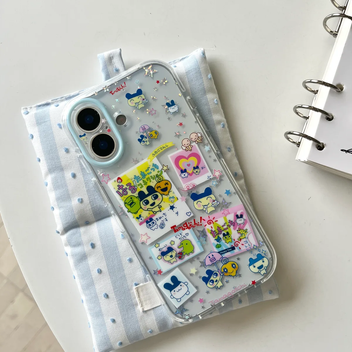 Tamagotchi Kawaii Phone Case with Glitter & Charm Strap for iPhone 17 16 15 Pro Max
