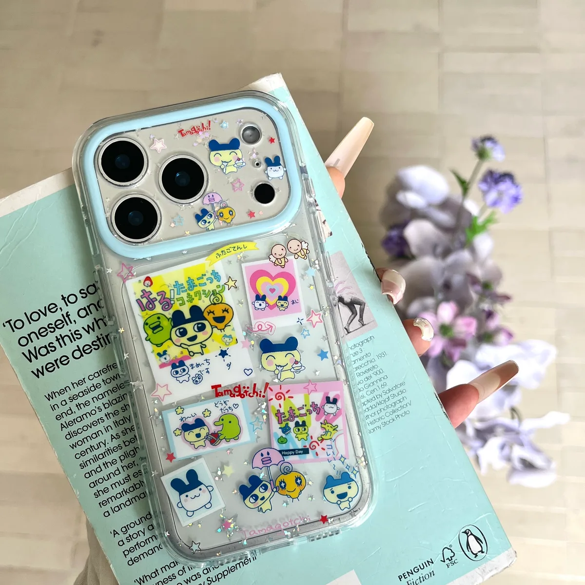 Tamagotchi Kawaii Phone Case with Glitter & Charm Strap for iPhone 17 16 15 Pro Max