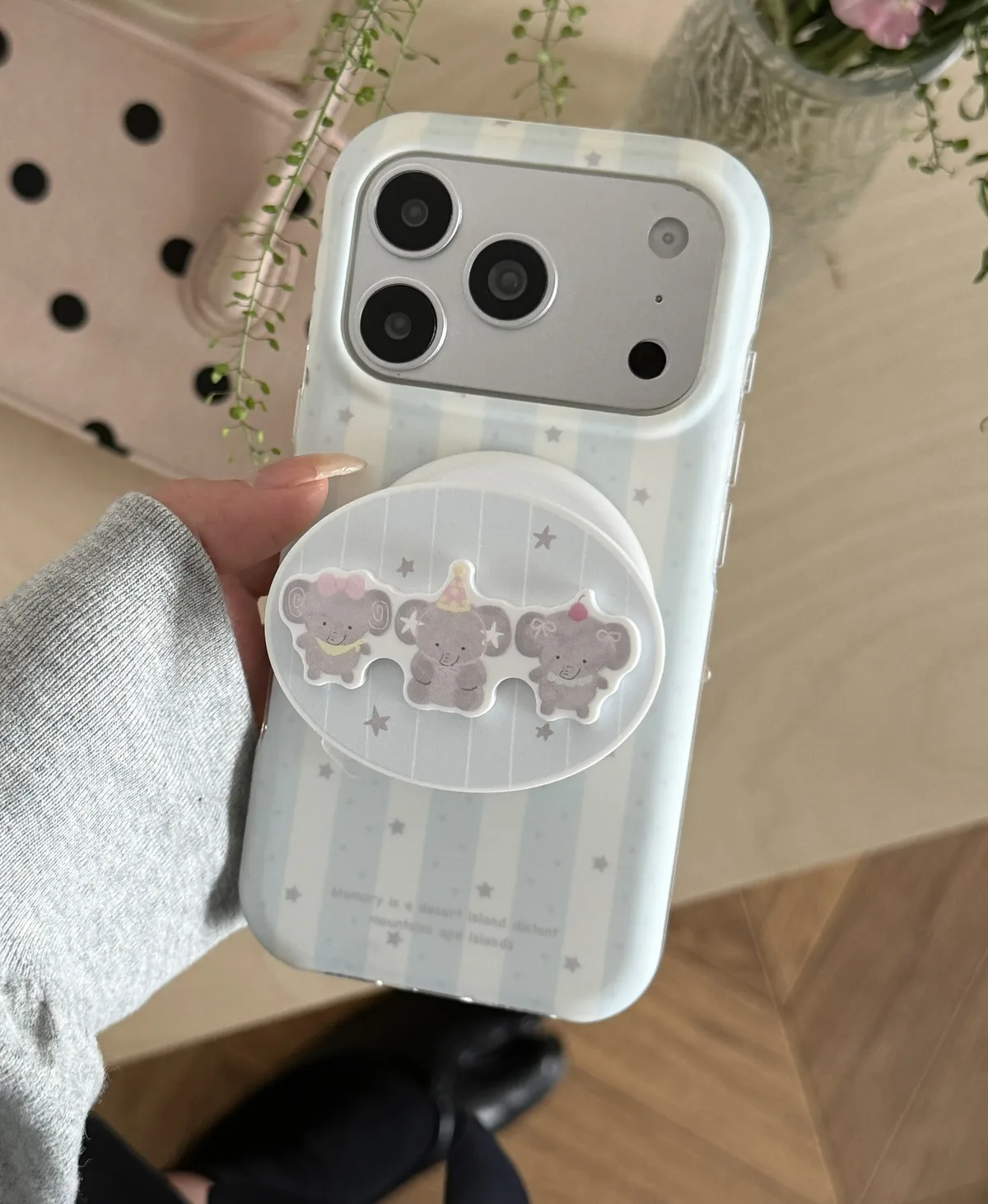Pastel striped case with cute bear charm grip for iPhone 17 16 15 Pro Max — MagSafe