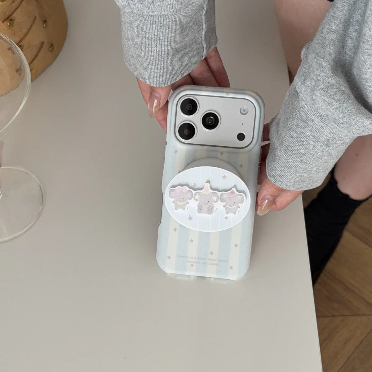 Pastel striped case with cute bear charm grip for iPhone 17 16 15 Pro Max — MagSafe
