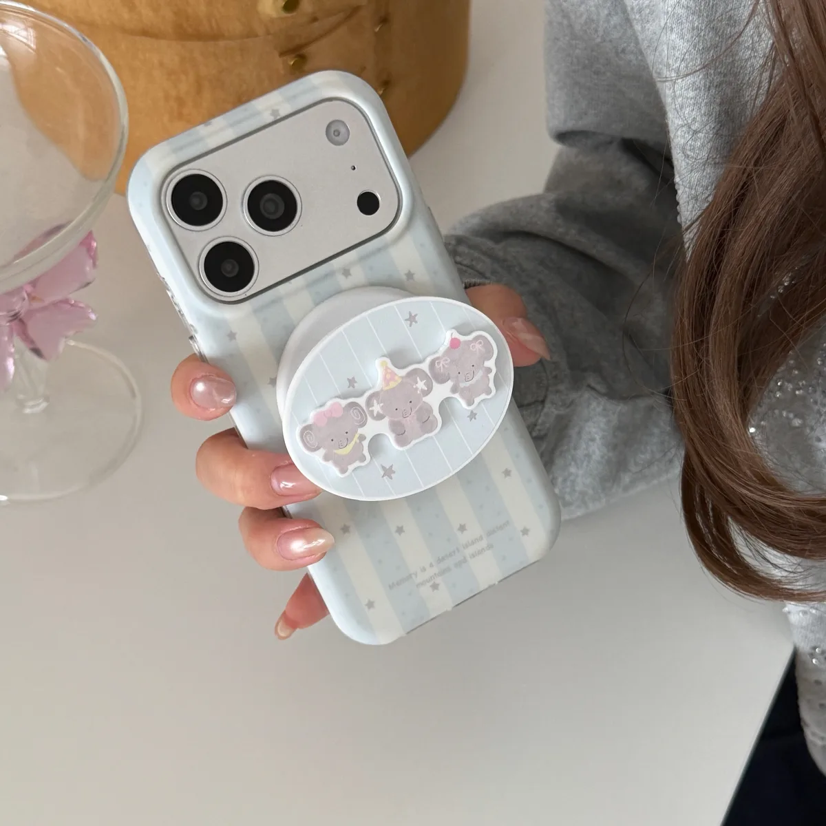 Pastel striped case with cute bear charm grip for iPhone 17 16 15 Pro Max — MagSafe