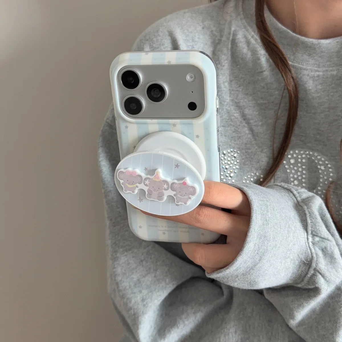 Pastel striped case with cute bear charm grip for iPhone 17 16 15 Pro Max — MagSafe