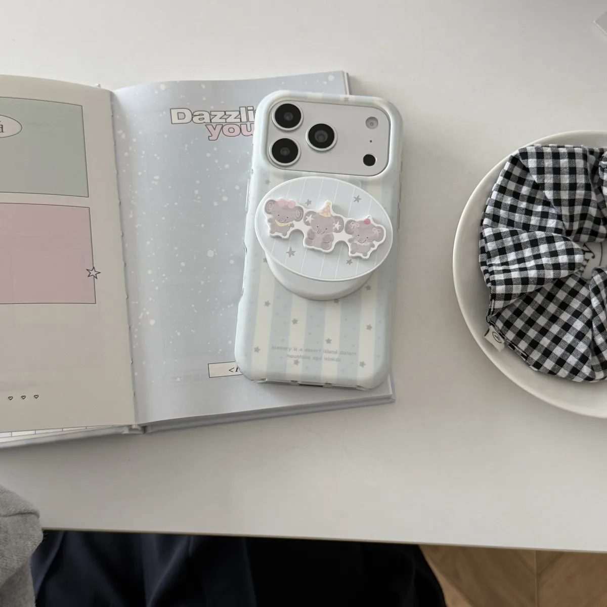 Pastel striped case with cute bear charm grip for iPhone 17 16 15 Pro Max — MagSafe