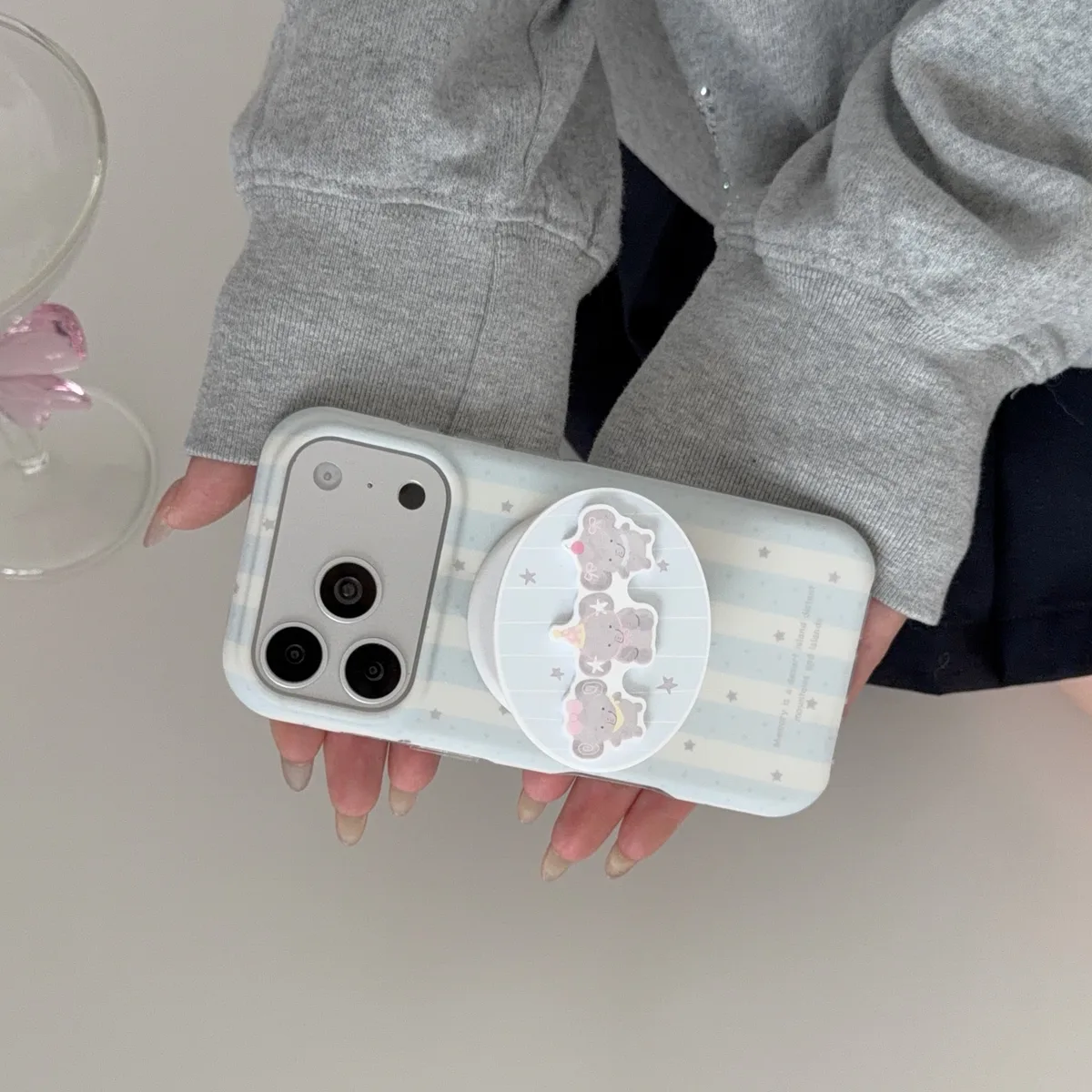 Pastel striped case with cute bear charm grip for iPhone 17 16 15 Pro Max — MagSafe