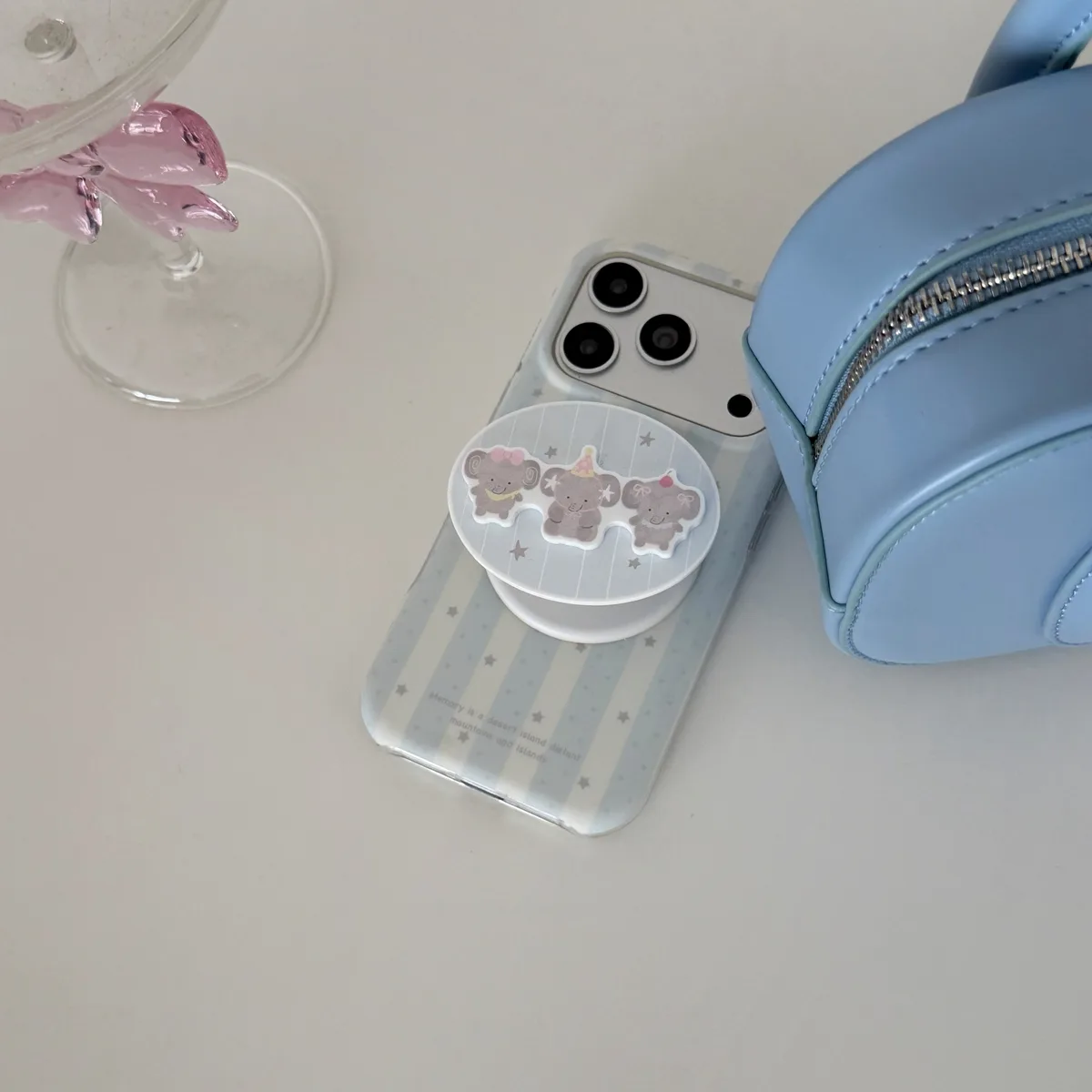 Pastel striped case with cute bear charm grip for iPhone 17 16 15 Pro Max — MagSafe