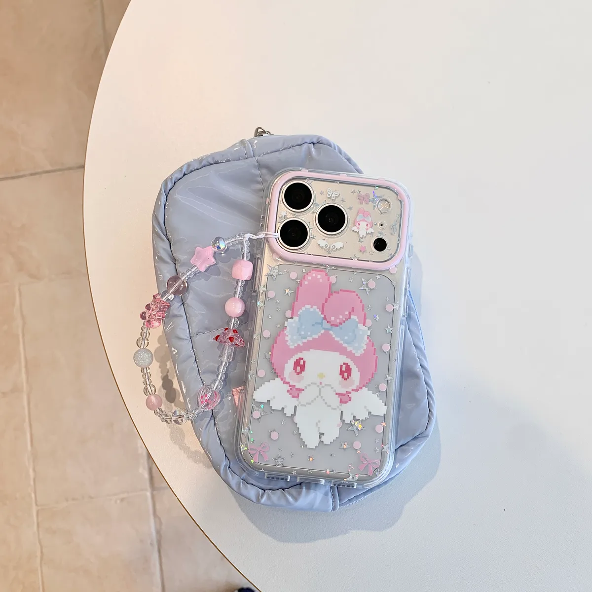 My Melody Clear Glitter Pink Bow with Beaded Strap Phone Case for iPhone 17 16 15 Pro Max