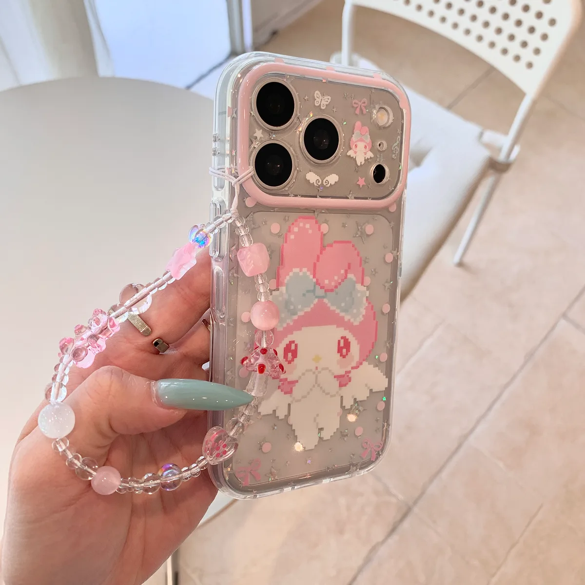 My Melody Clear Glitter Pink Bow with Beaded Strap Phone Case for iPhone 17 16 15 Pro Max