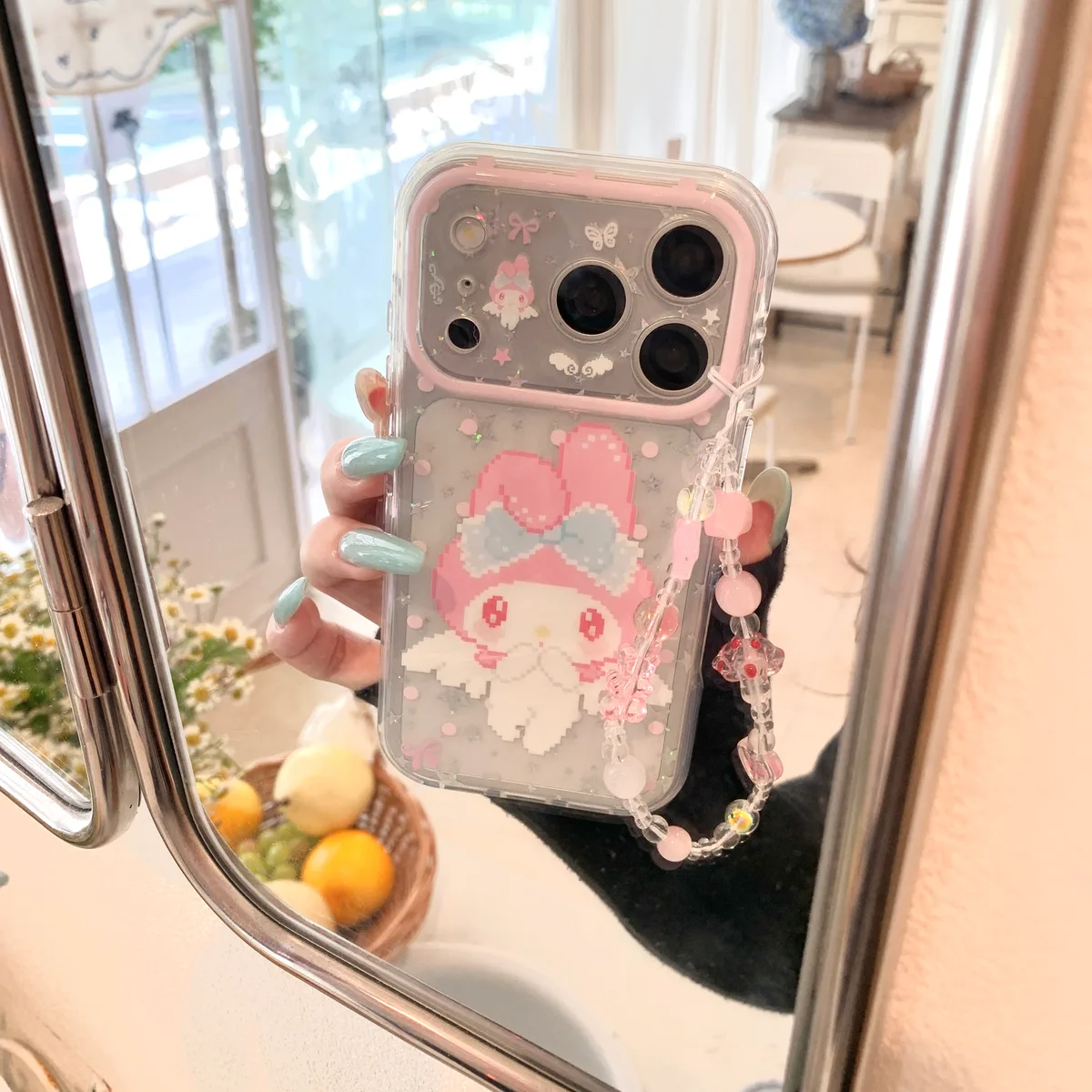 My Melody Clear Glitter Pink Bow with Beaded Strap Phone Case for iPhone 17 16 15 Pro Max