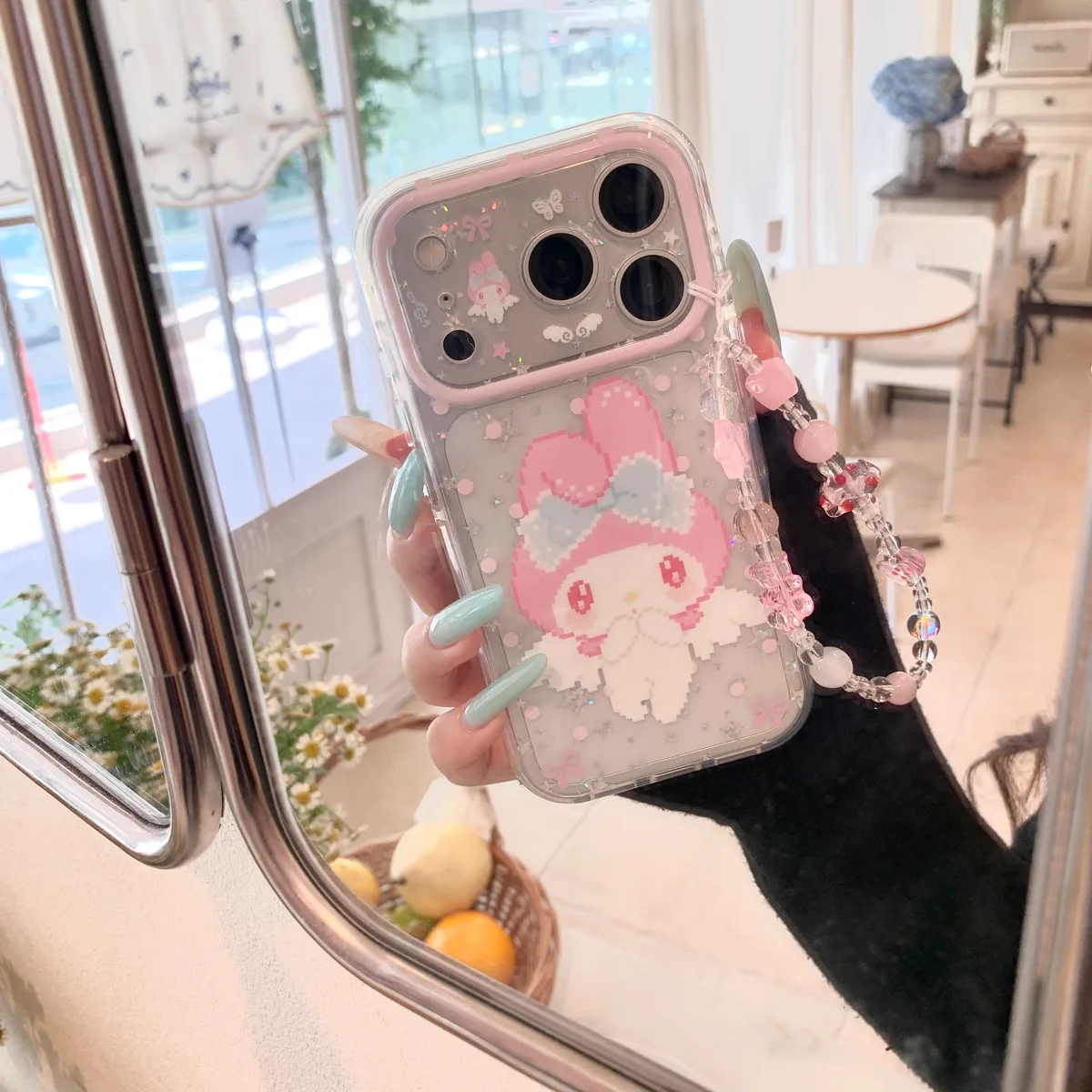 My Melody Clear Glitter Pink Bow with Beaded Strap Phone Case for iPhone 17 16 15 Pro Max